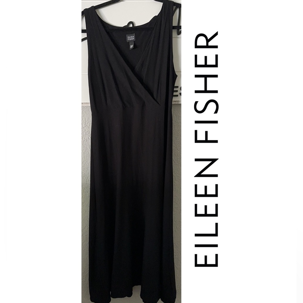 Eileen Fisher Faux Wrap Bodice V-neck long dress sleeveless Black Spandex